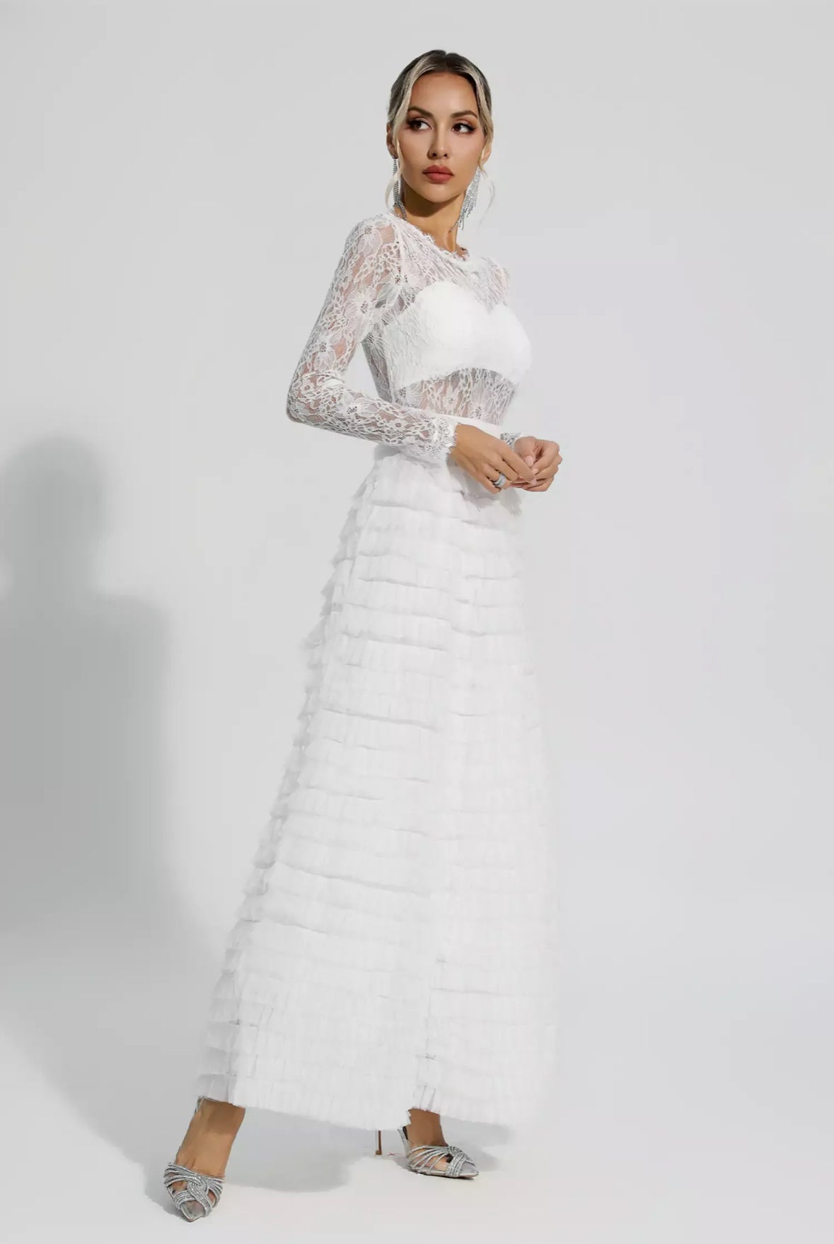 Lace white tulle maxi dress