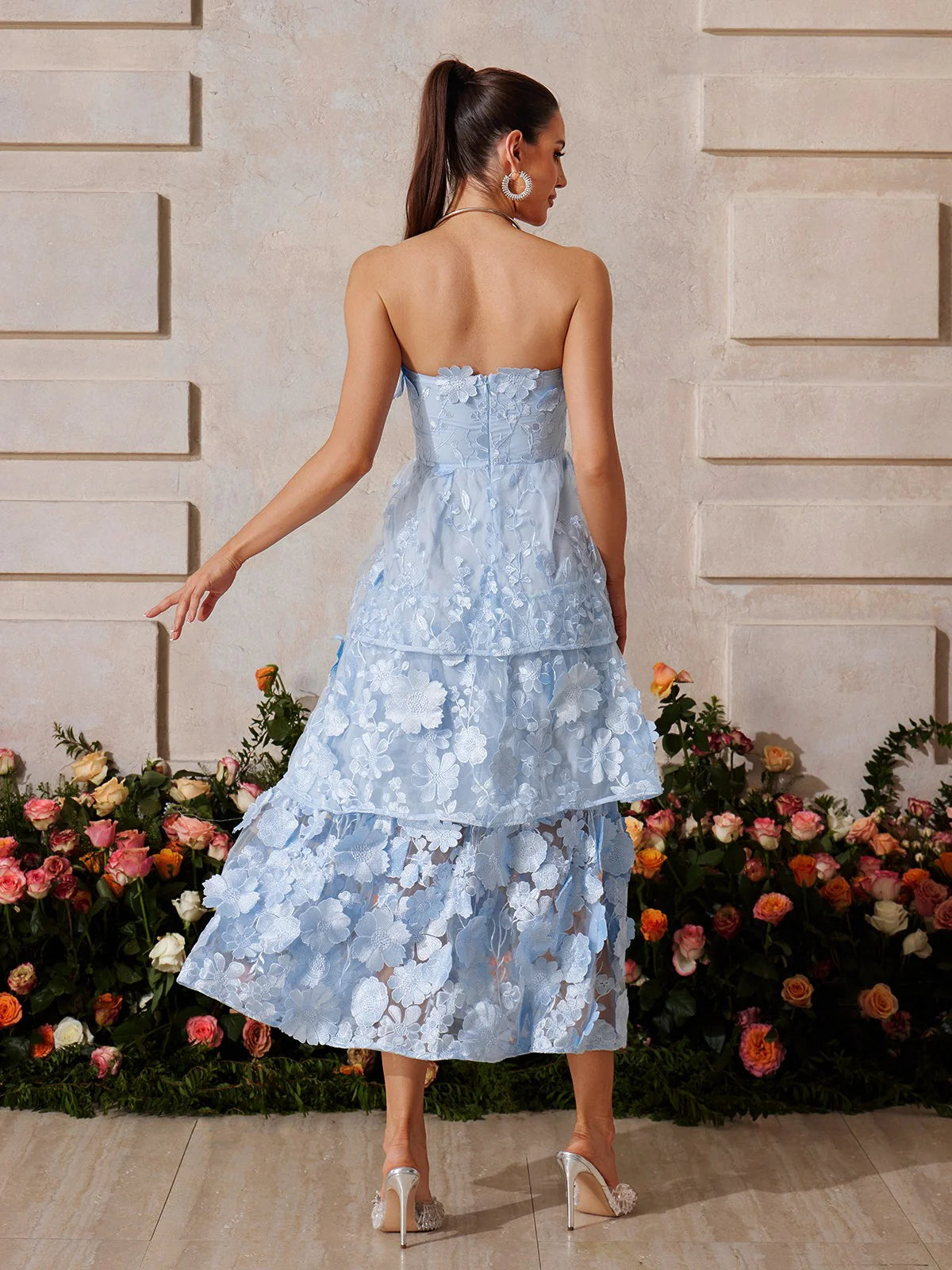 Embroidered blue flower maxi dress