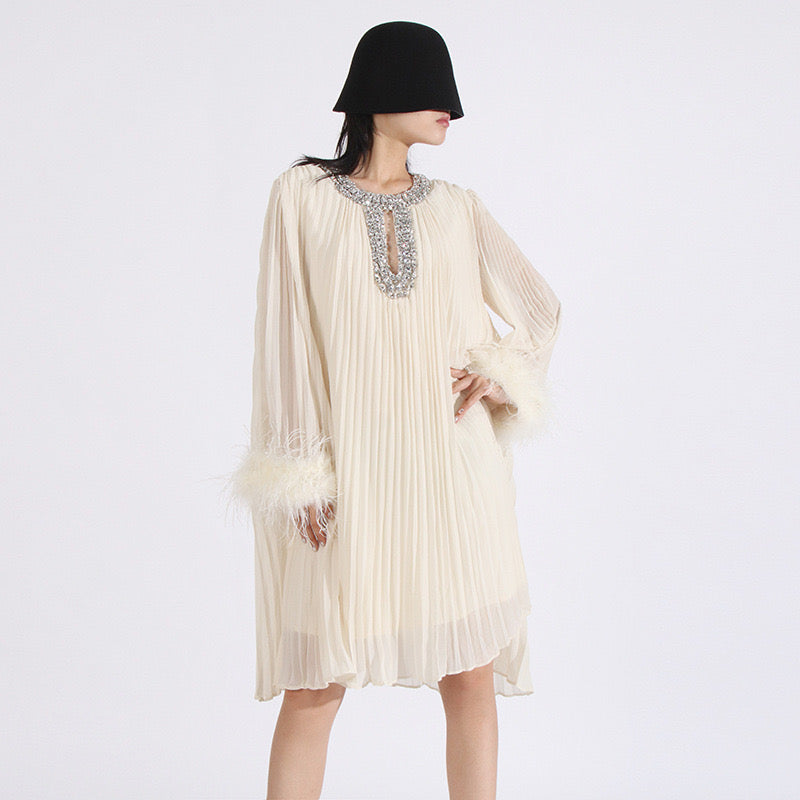 Crystal & feathers embellished mini dress