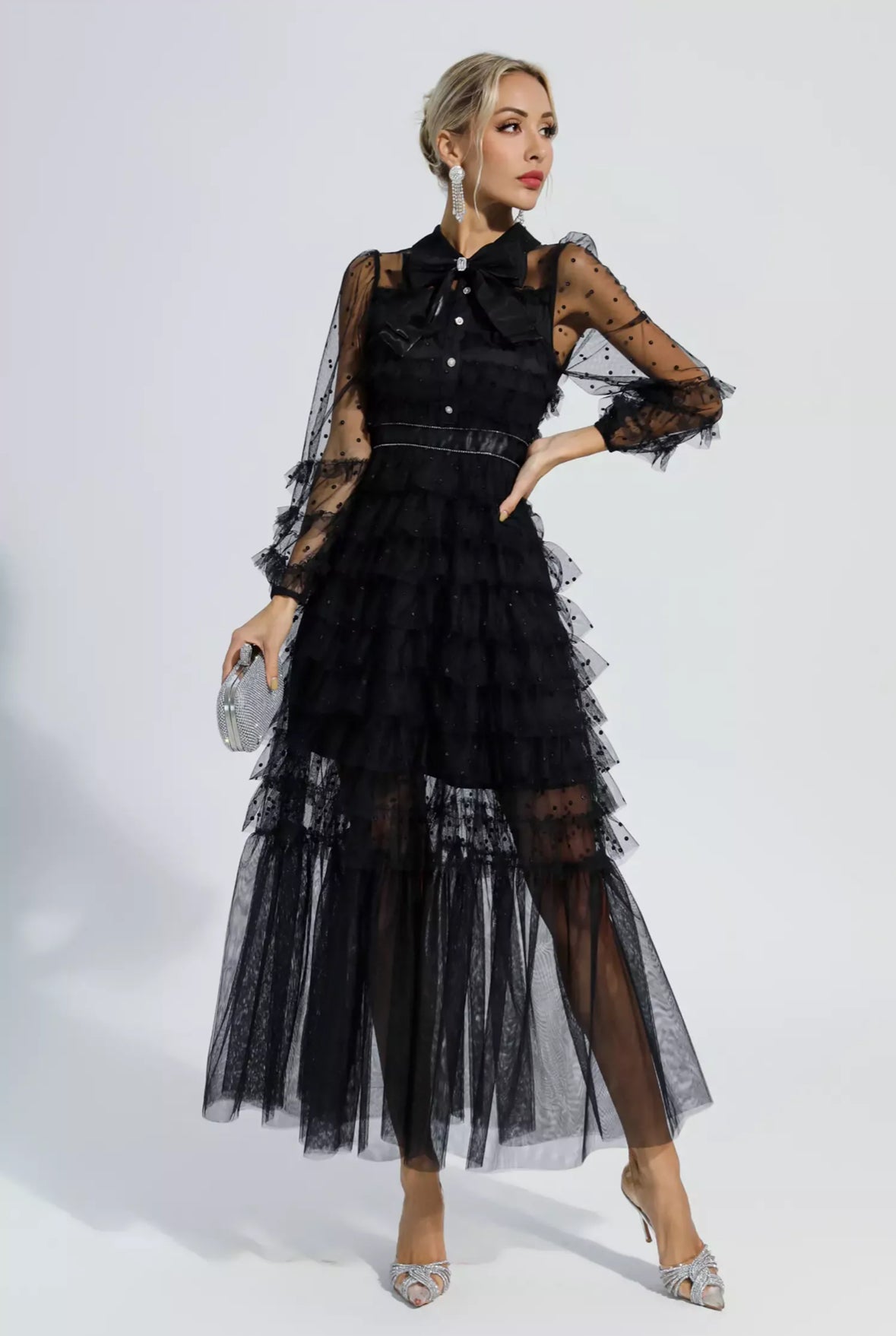 Black polka dot mesh maxi dress size S