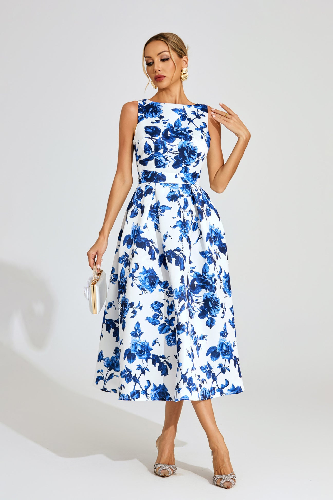 Azure Blossom A-Line Midi Dress