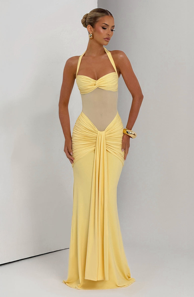 Soleil Illusion Draped Halter Gown