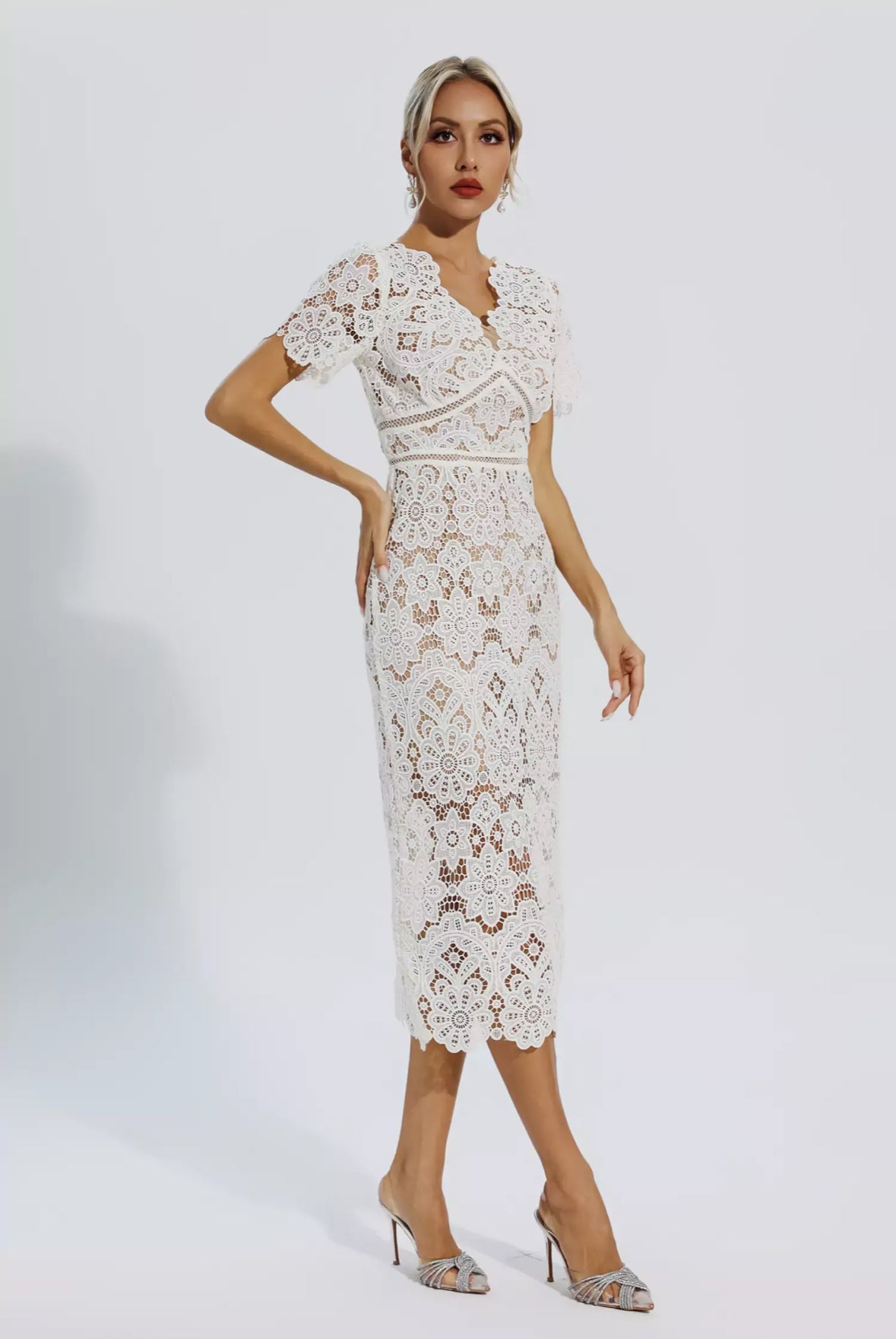 White lace cutout midi dress