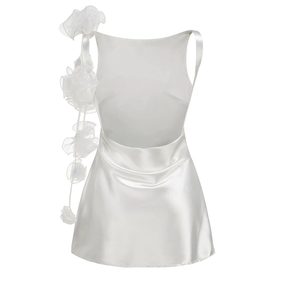 Ivory Bloom Satin flower Mini Dress