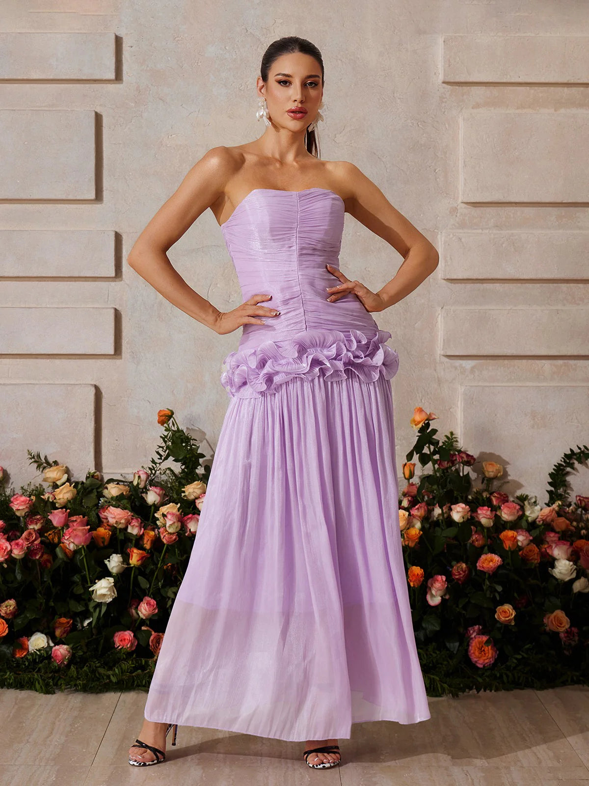 Lila Bloom Ruffle Strapless Gown