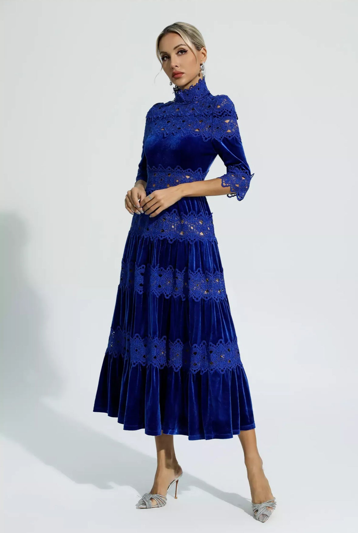 Blue velvet flare maxi dress