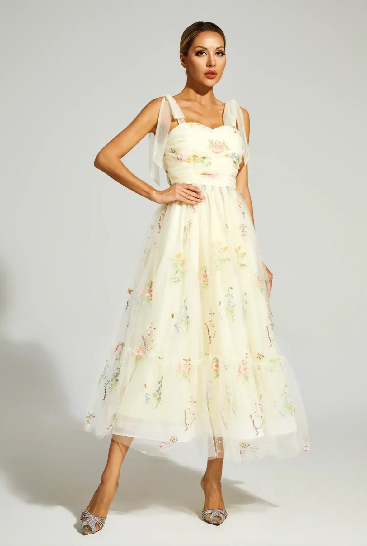 Pale yellow mesh floral midi dress