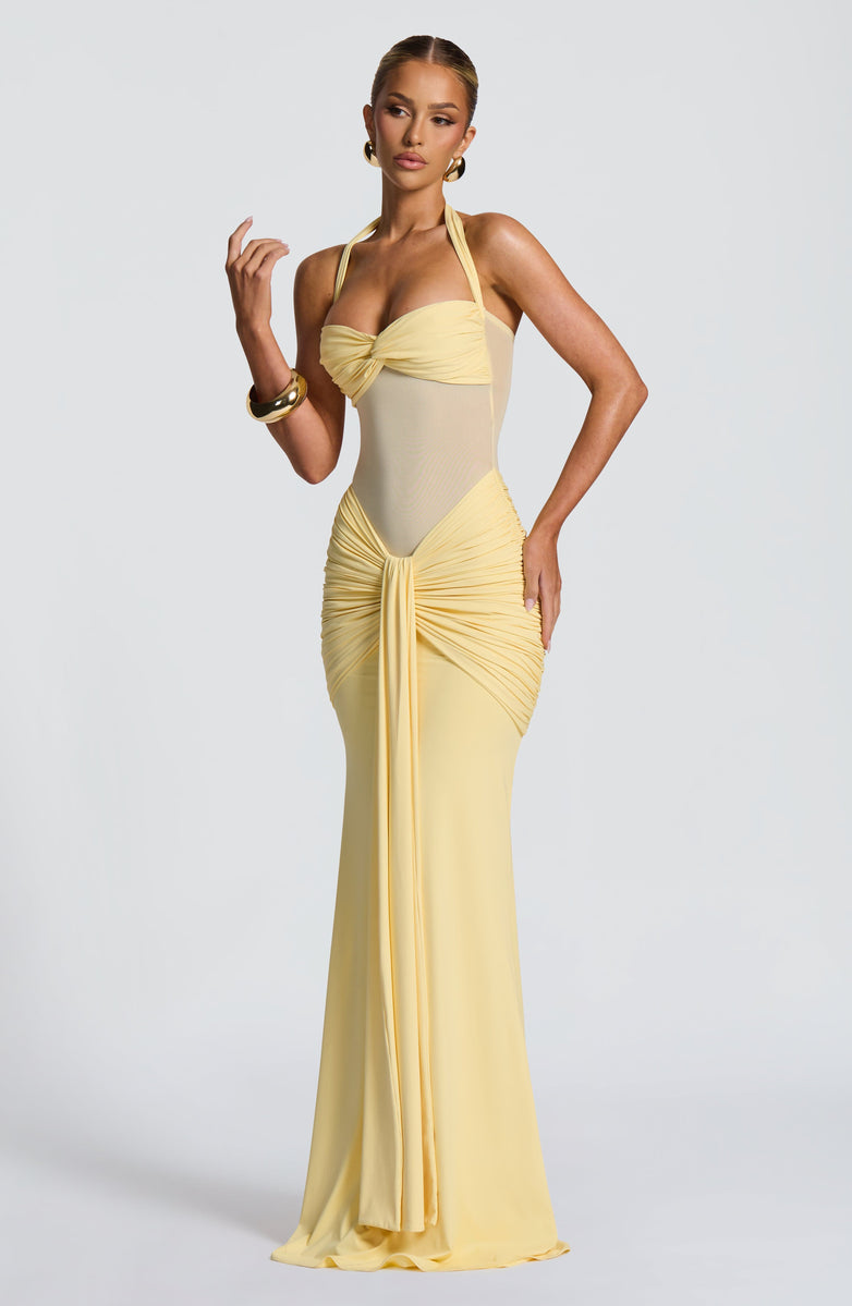 Soleil Illusion Draped Halter Gown