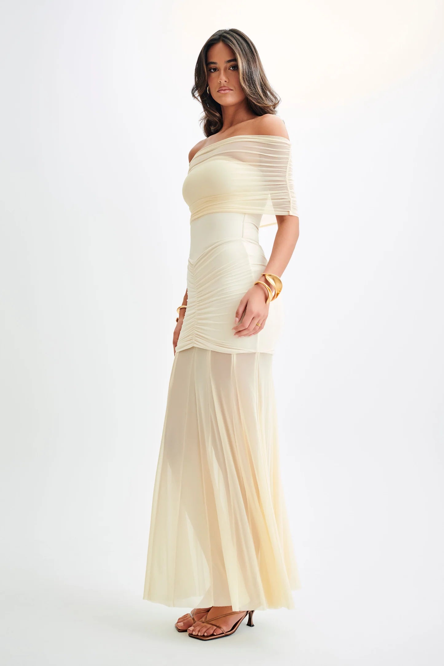 Nude Beige Sheer Ruched Strapless Gown