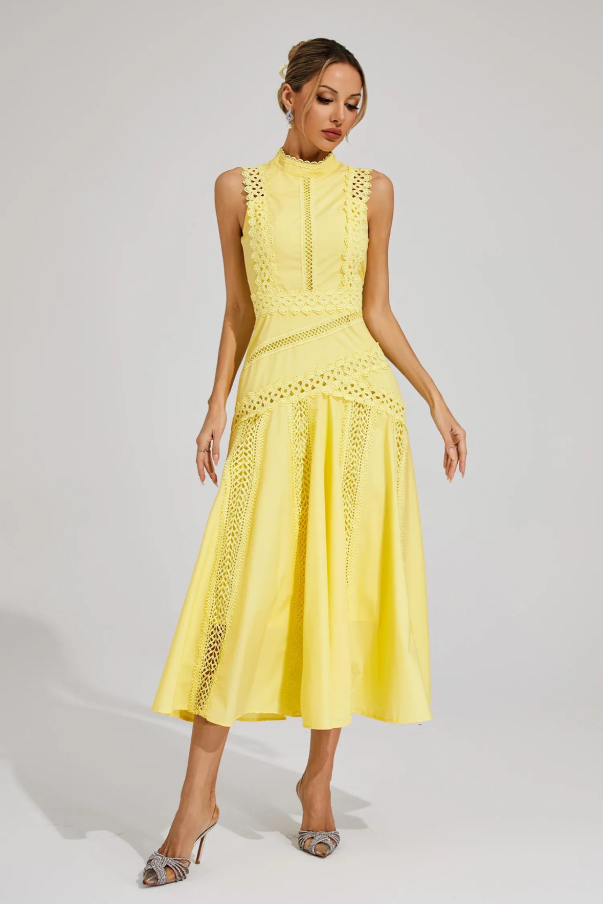 Yellow lace sleeveless midi dress
