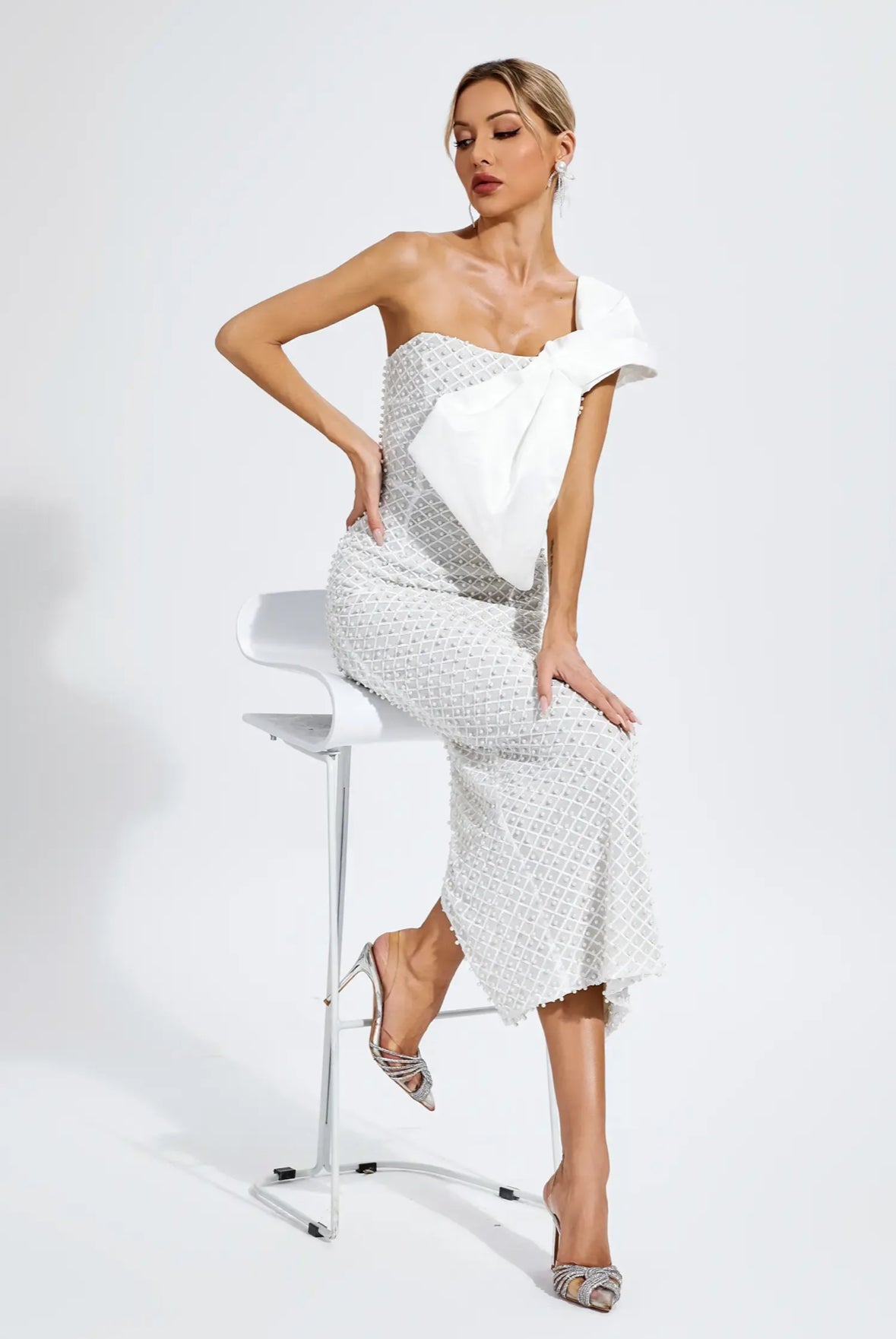 Pearls one shoulder maxi dress