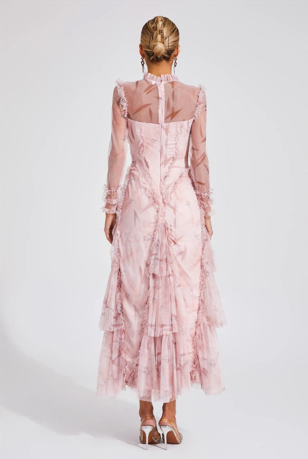 Pink mesh ruched maxi dress