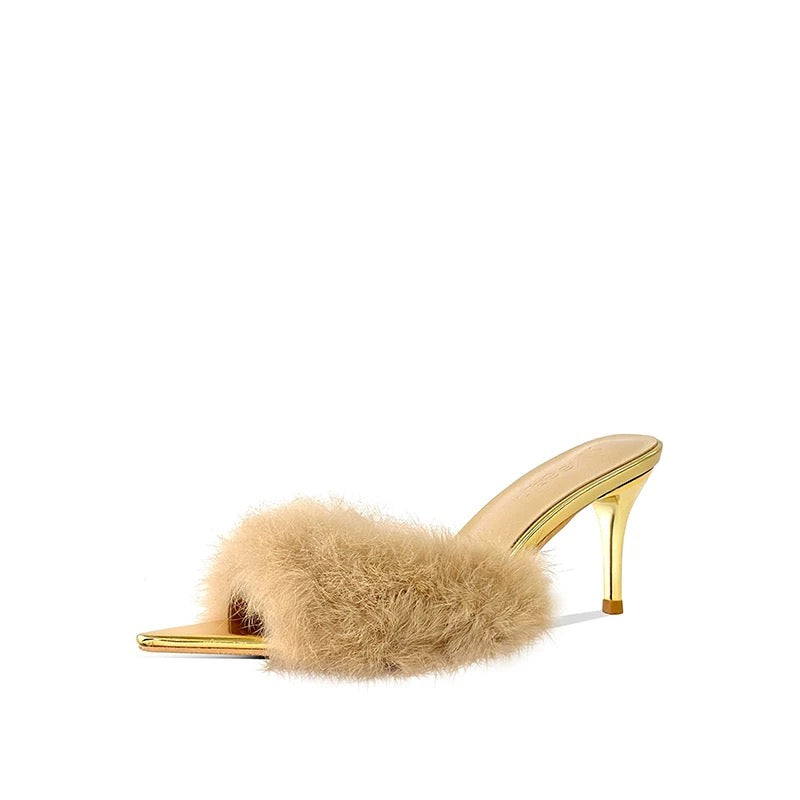 Golden Dream Fur Mule Heels