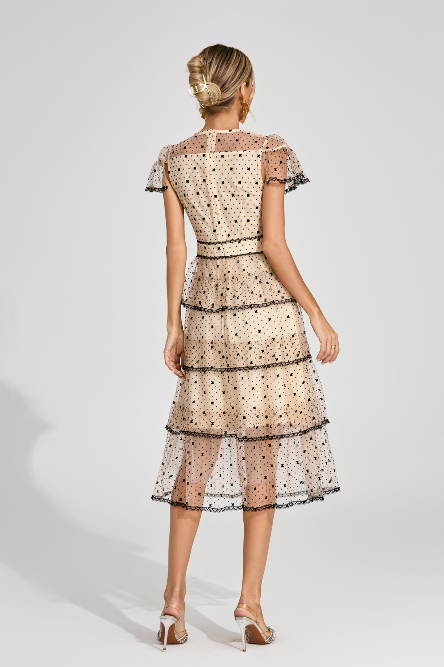Étoile Noir Tiered Polka Dot Lace Midi Dress