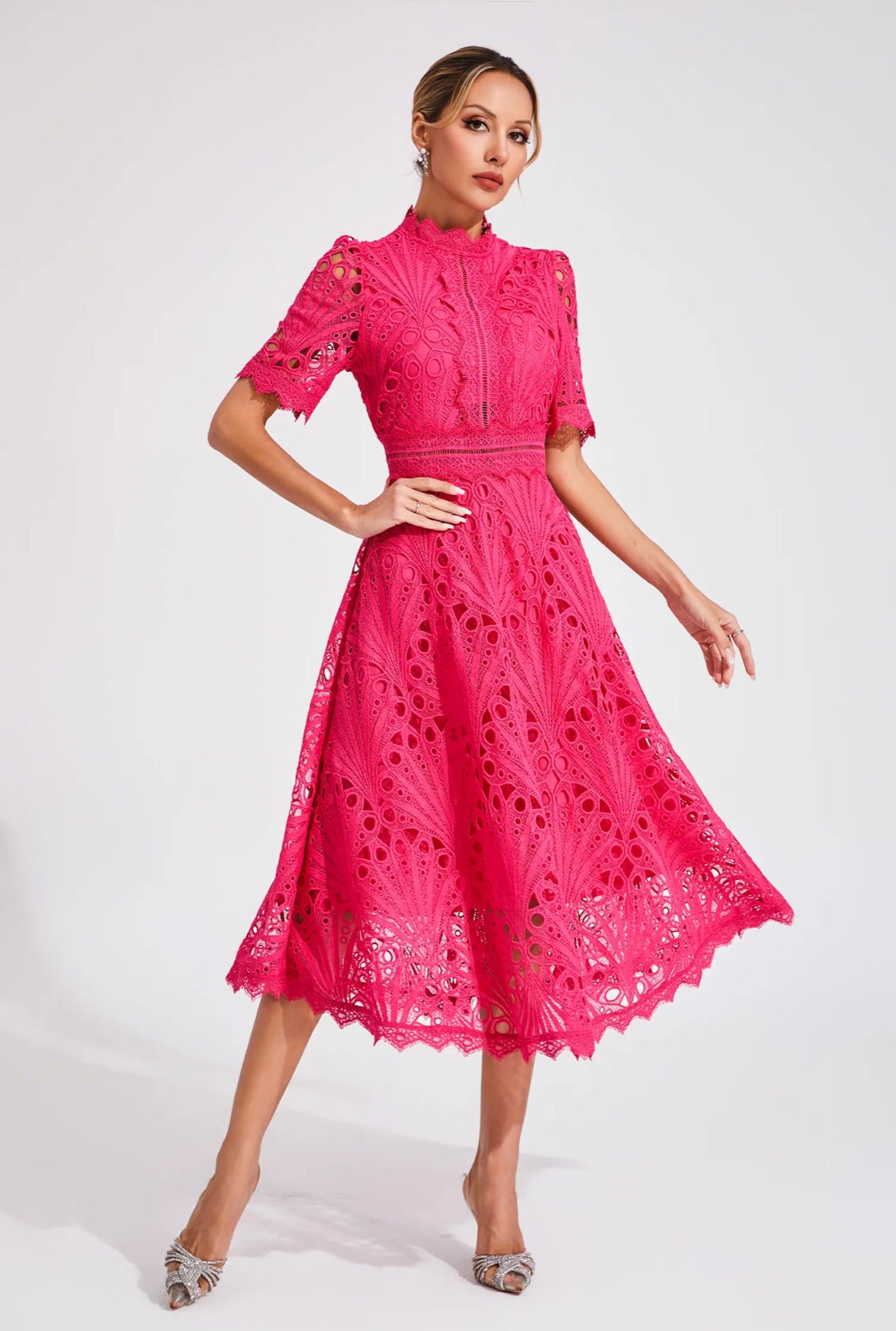 Cutout lace pink midi dress