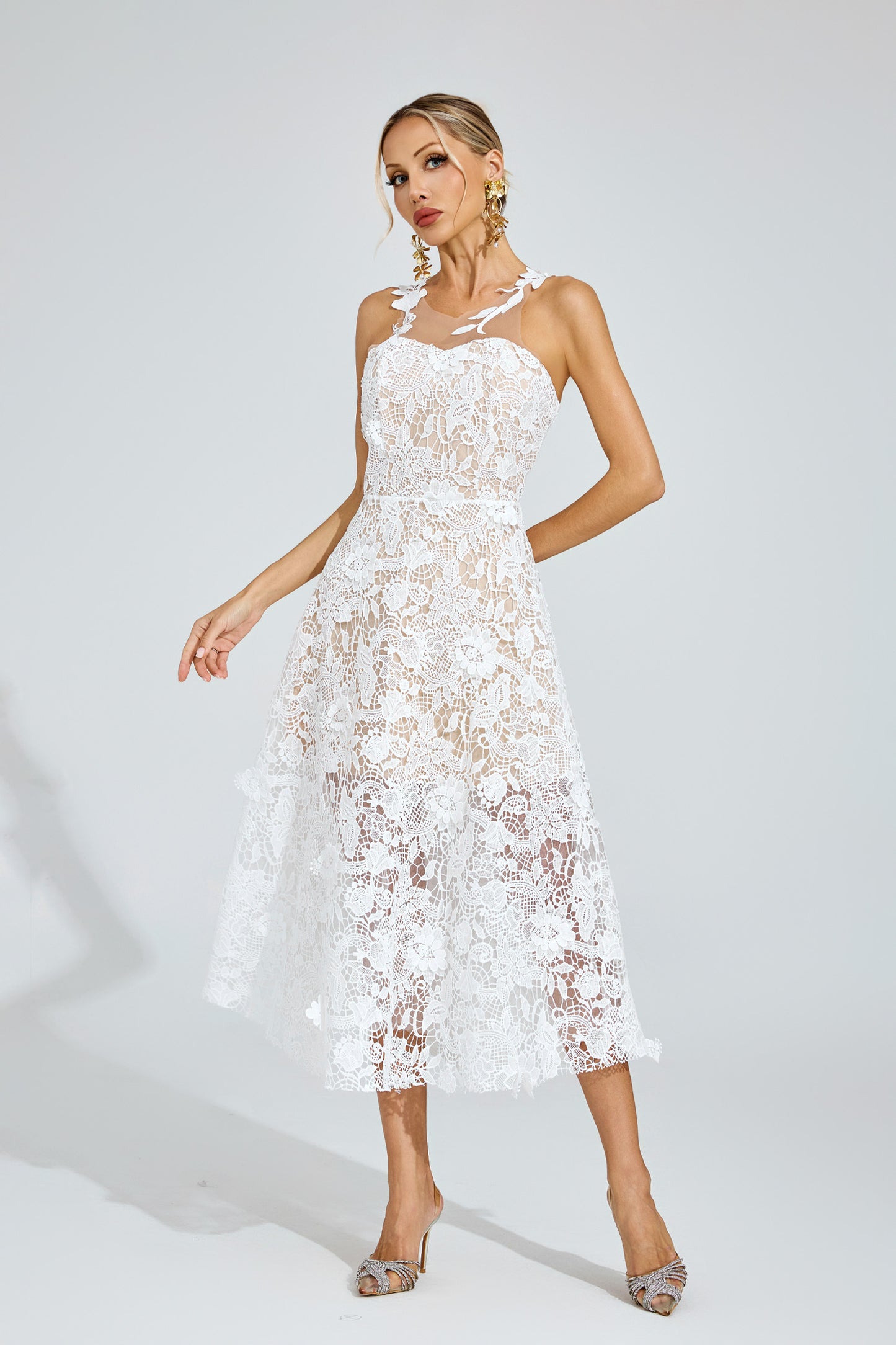 Amélie White Floral Lace Midi Dress