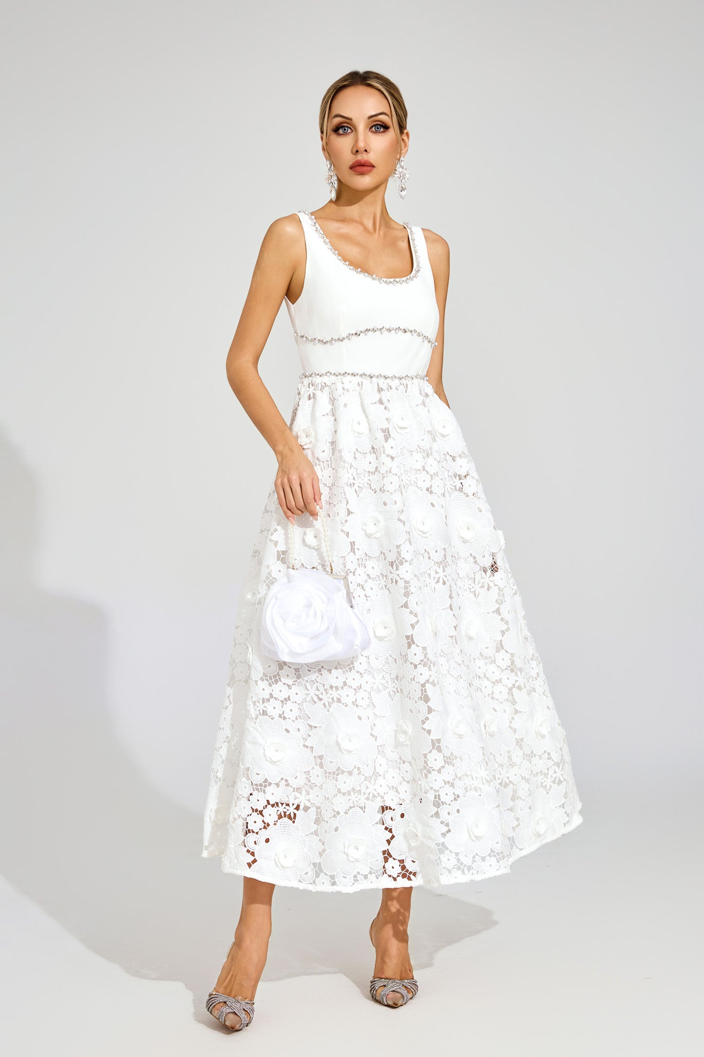 Livia Flower Embroidered Crystal Midi Dress