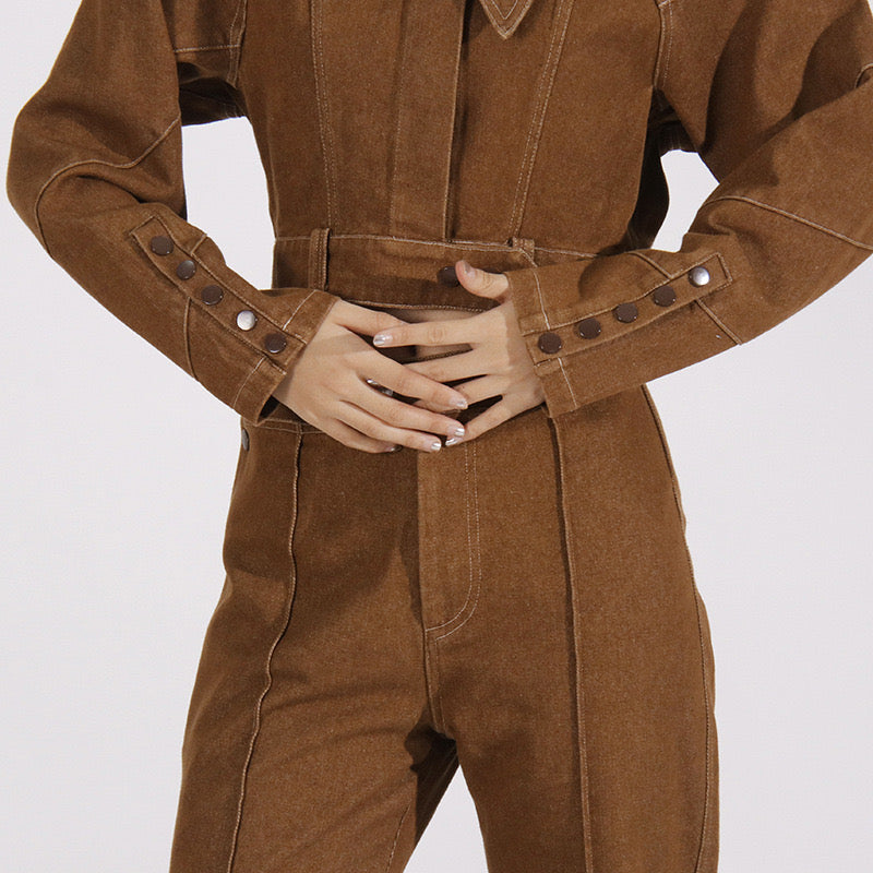 Brown denim side button set