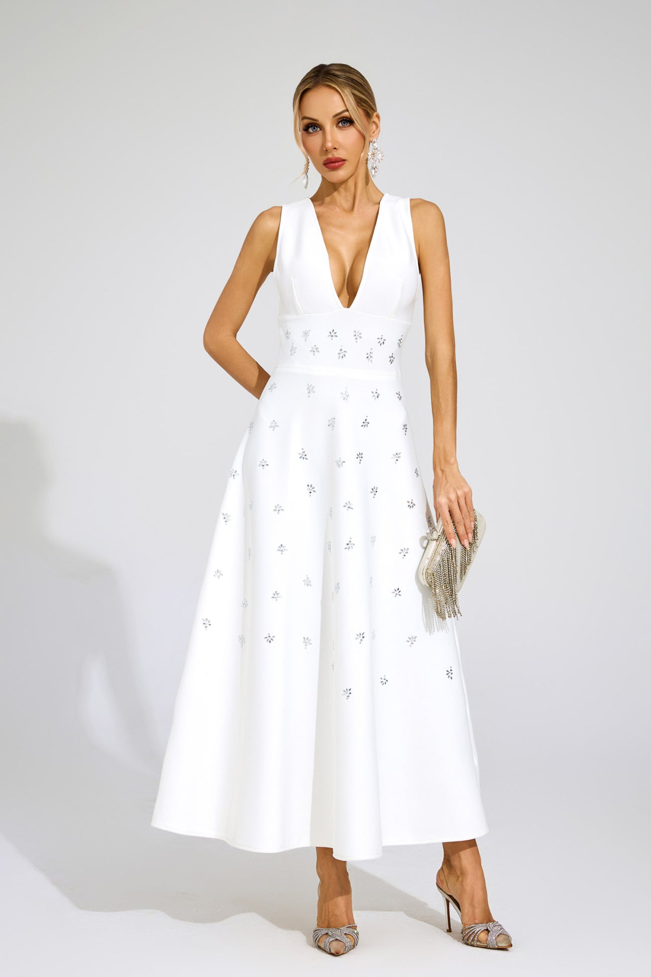 Céleste White Crystal Embellished Gown