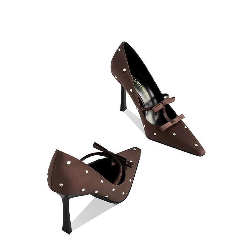 Brown Dot Bow-Accent Stiletto Pump