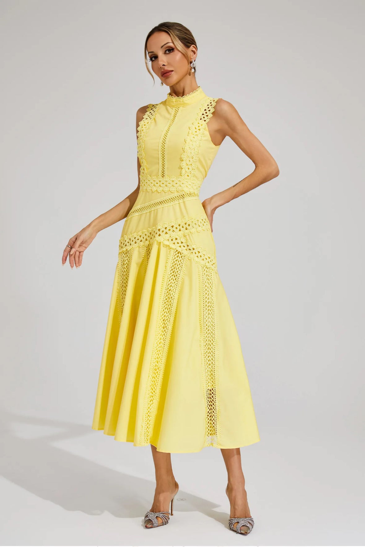 Yellow lace sleeveless midi dress