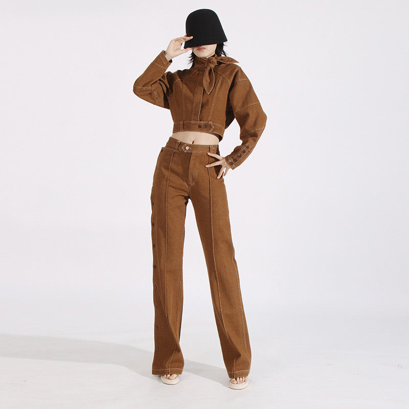 Brown denim side button set