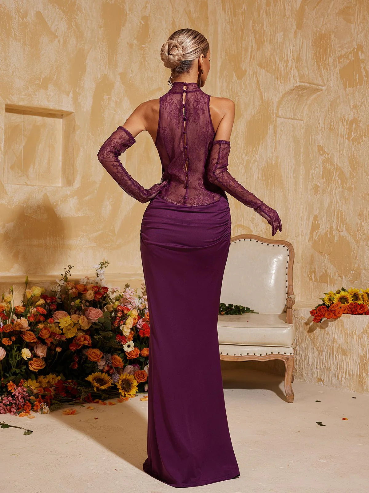 Viola Lace-Panel Evening Gown