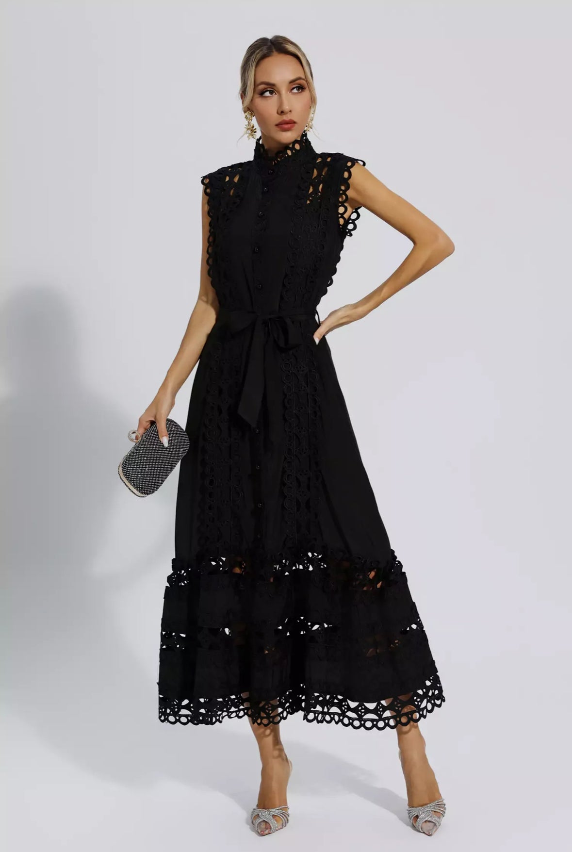White hollow lace maxi dress
