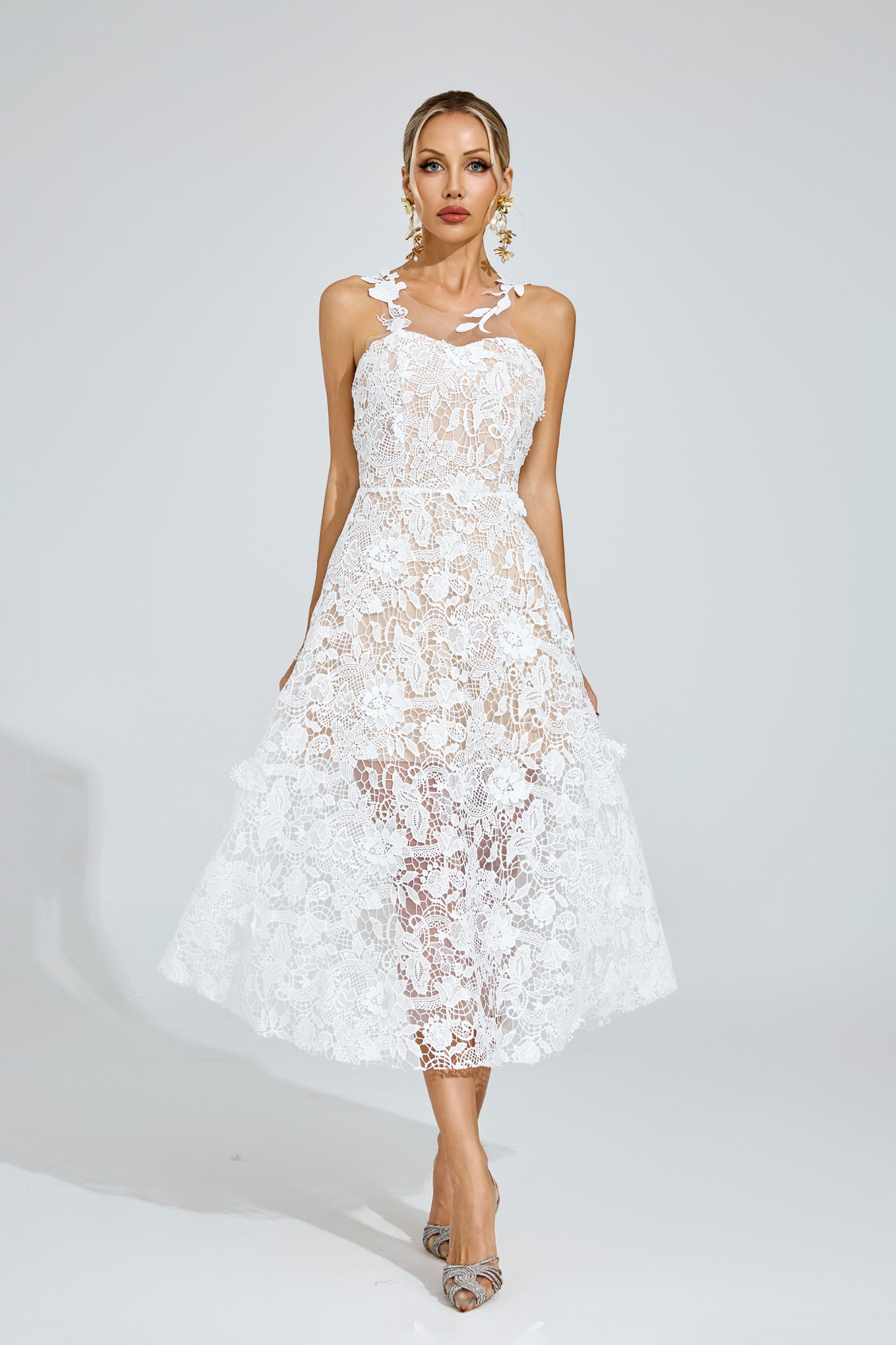 Amélie White Floral Lace Midi Dress