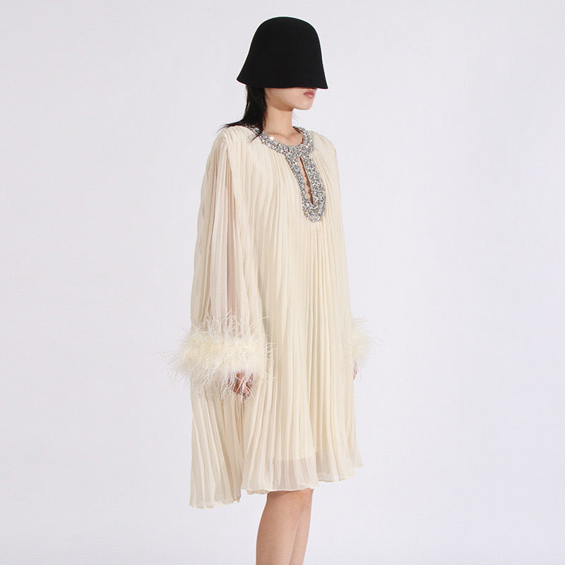 Crystal & feathers embellished mini dress