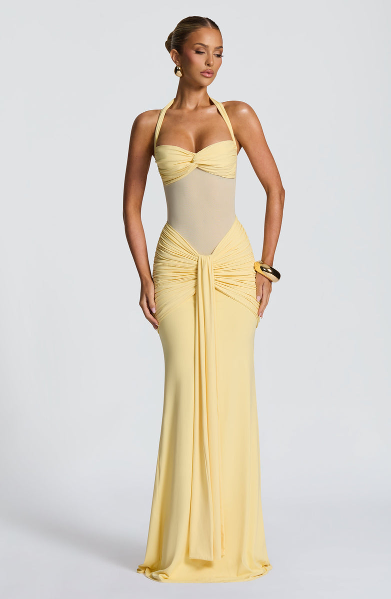 Soleil Illusion Draped Halter Gown