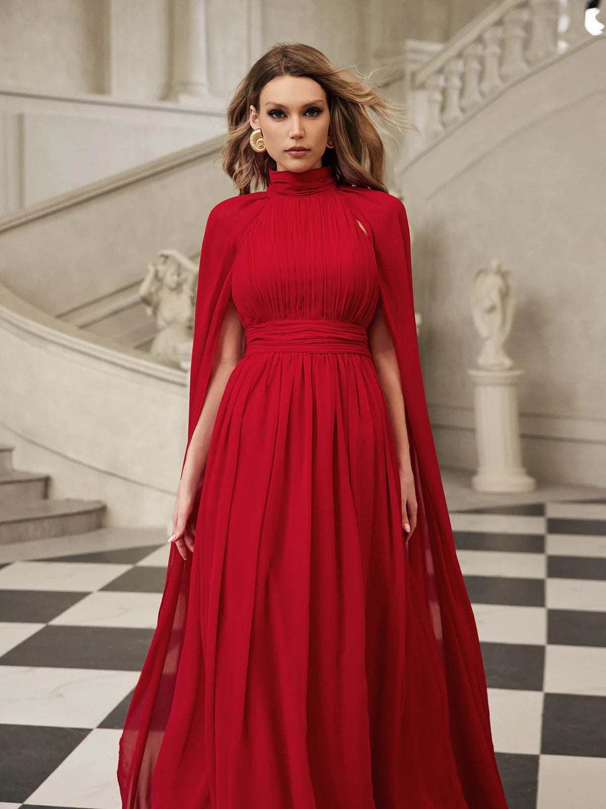 Velena High-Neck Cape Gown