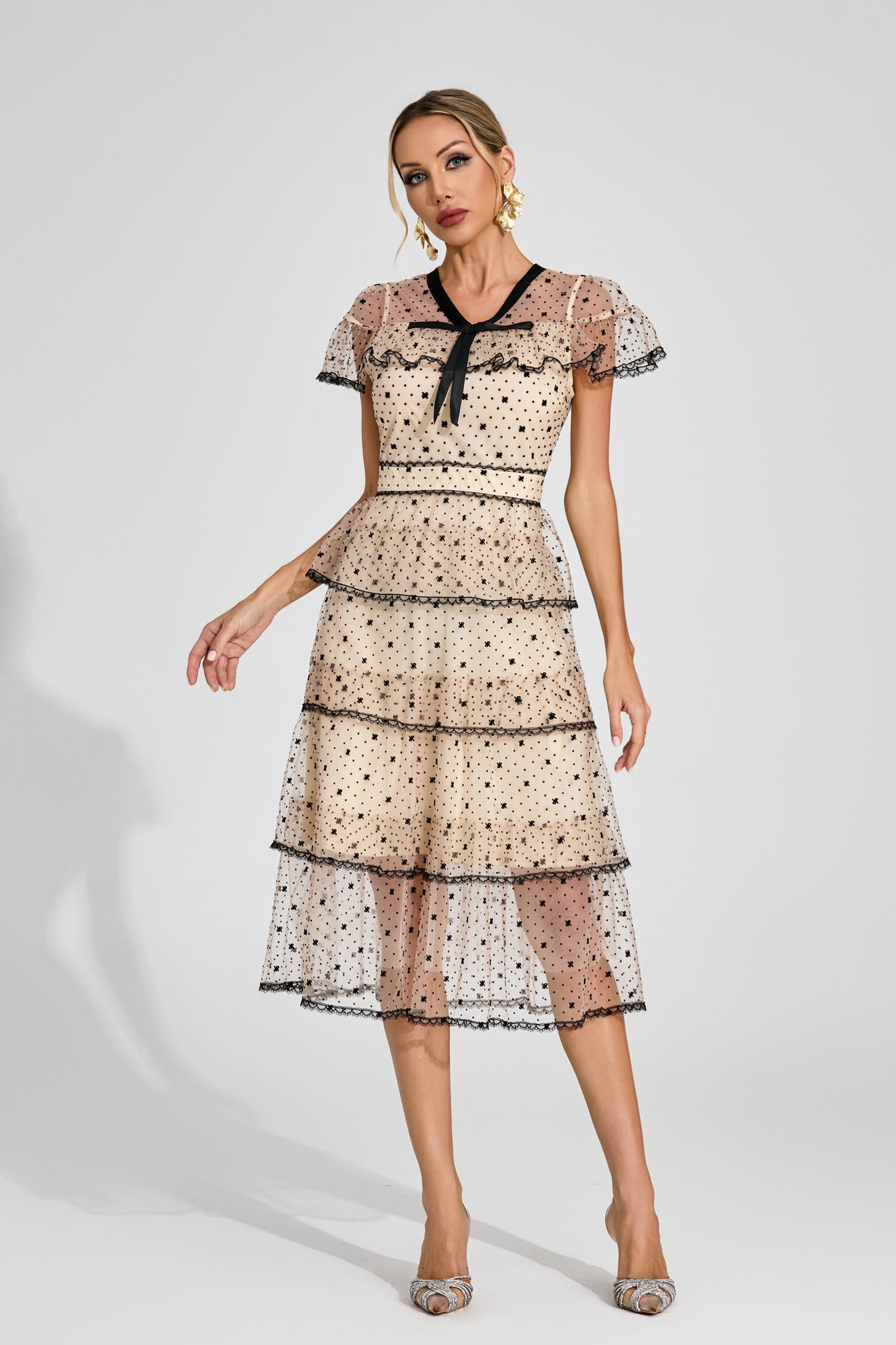 Étoile Noir Tiered Polka Dot Lace Midi Dress