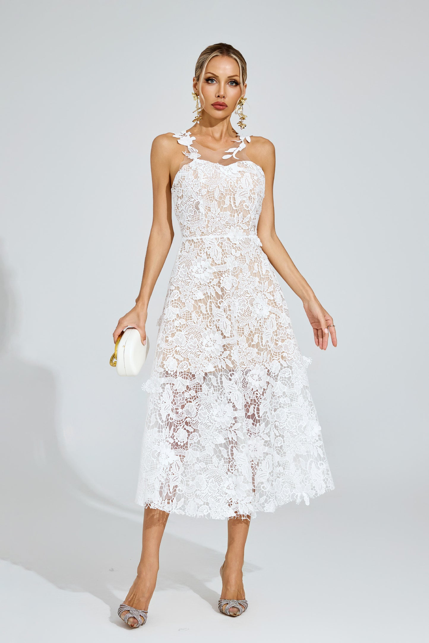 Amélie White Floral Lace Midi Dress