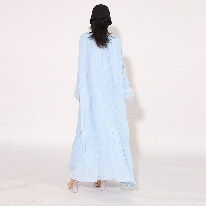 Crystal & feathers embellished blue maxi dress