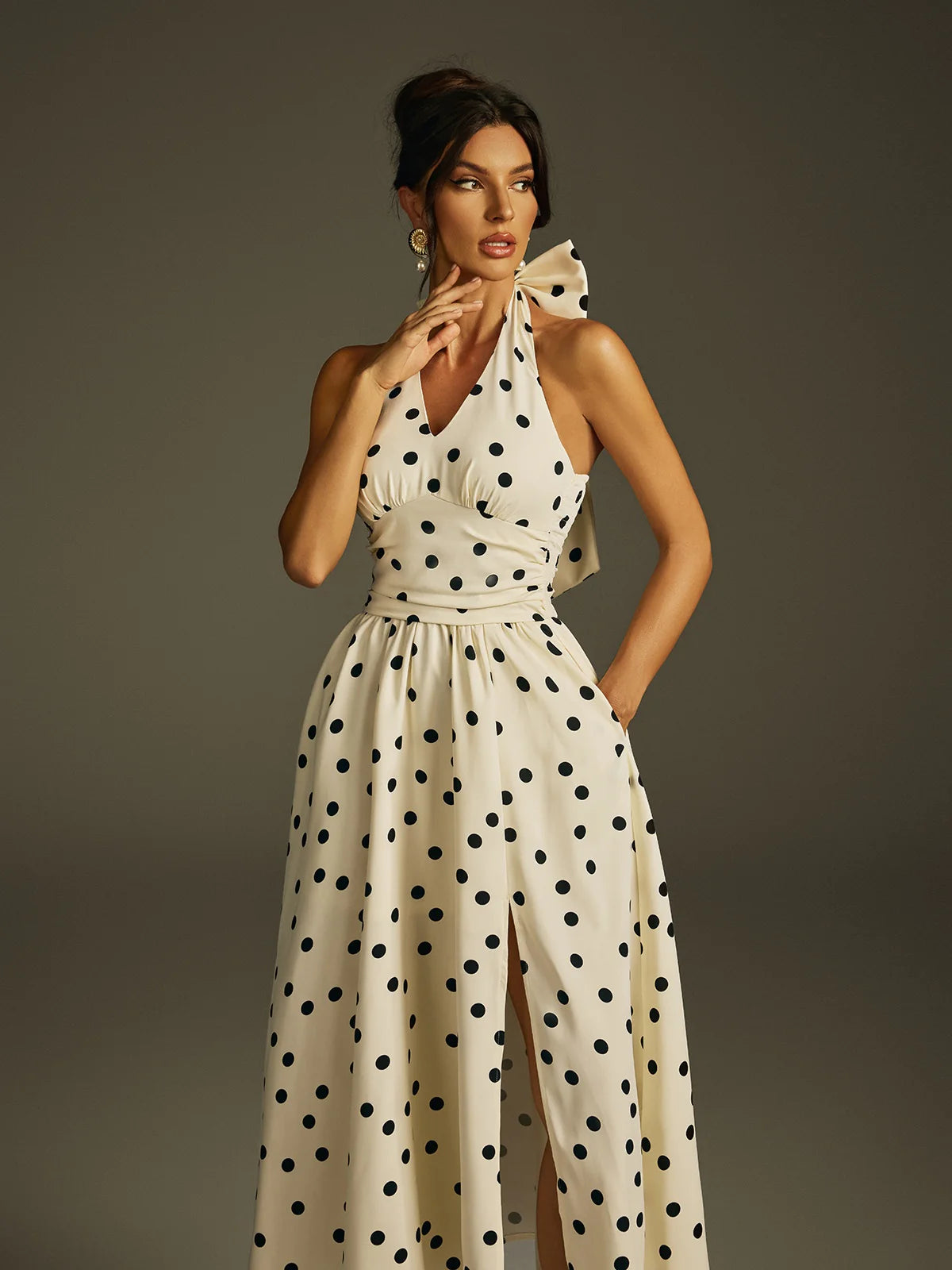 Colette Polka Bow Halter Midi Dress