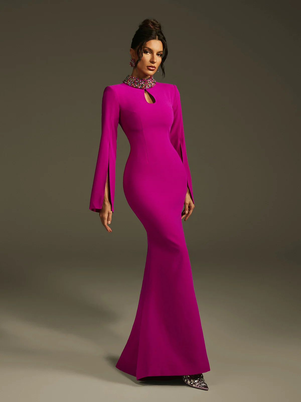 Aurora Crystal Collar Cape Gown