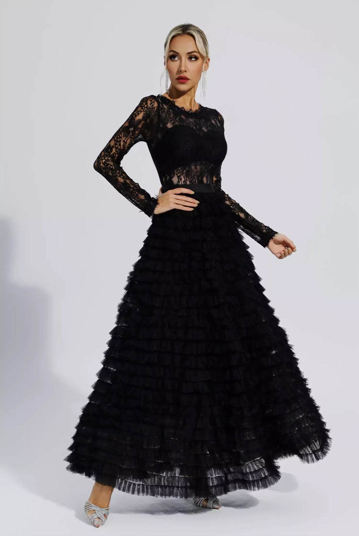Lace black tulle maxi dress