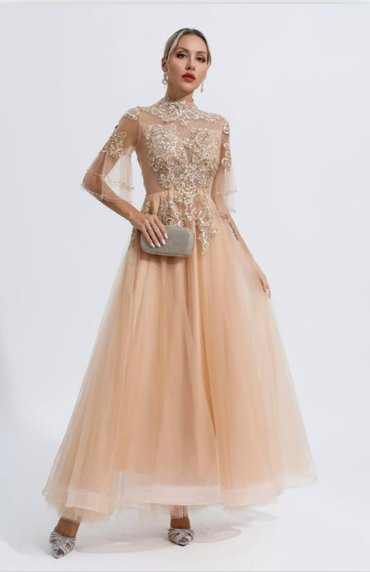 Marina gold mesh maxi dress