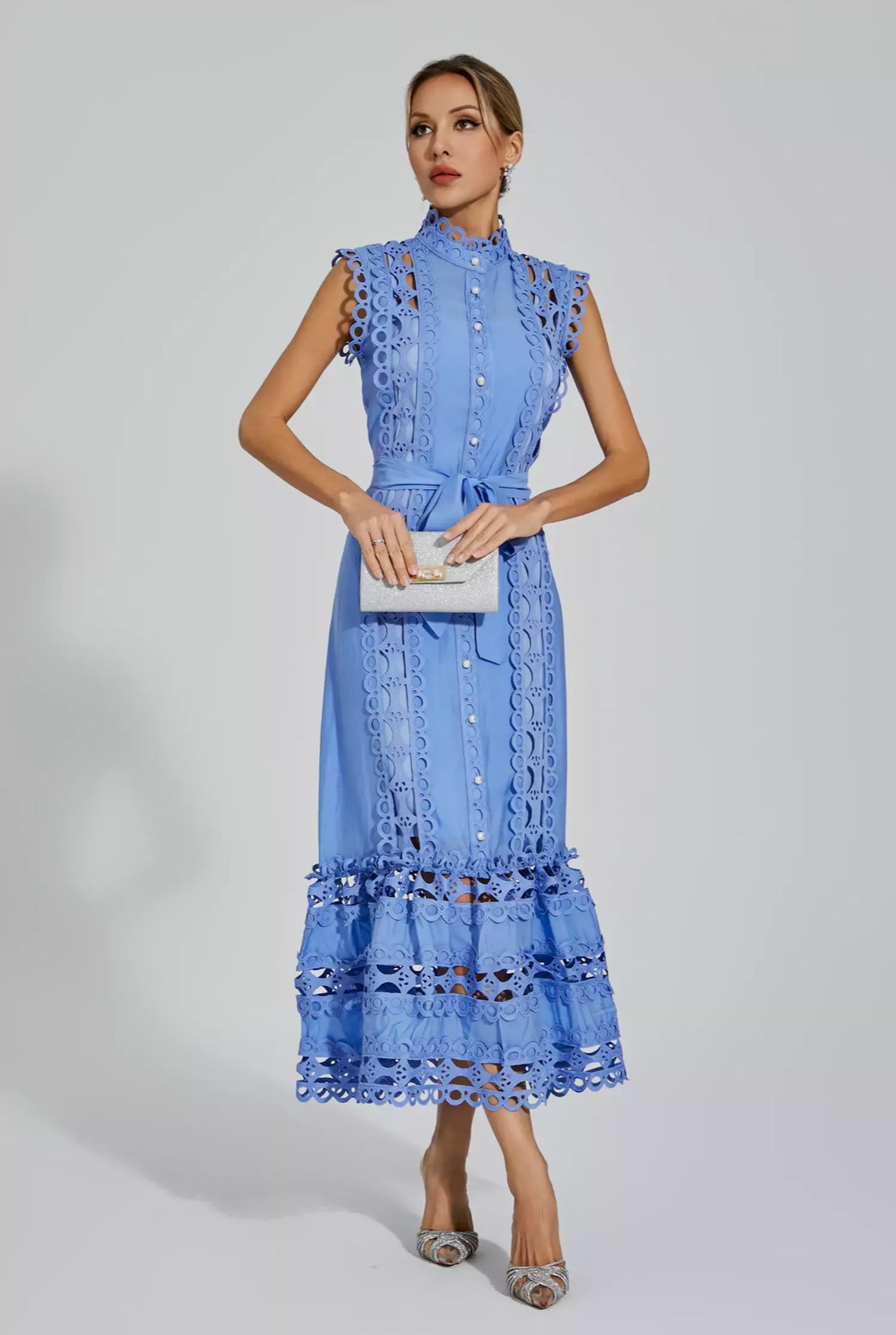 Blue hollow lace maxi dress