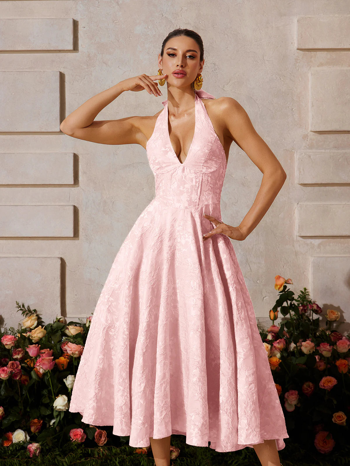 Rosalie Pink Halter Midi Dress