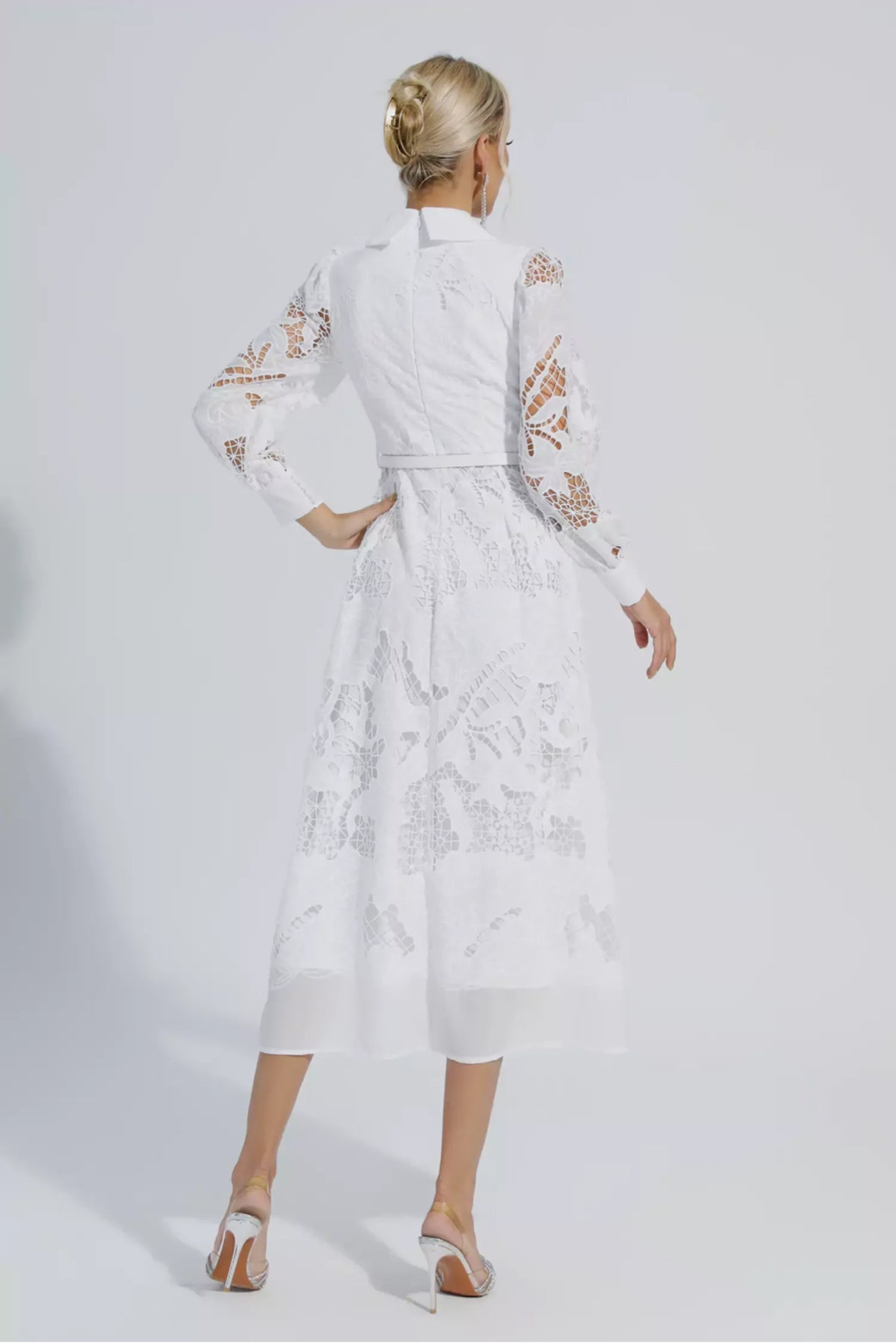 White belted lace midi dress