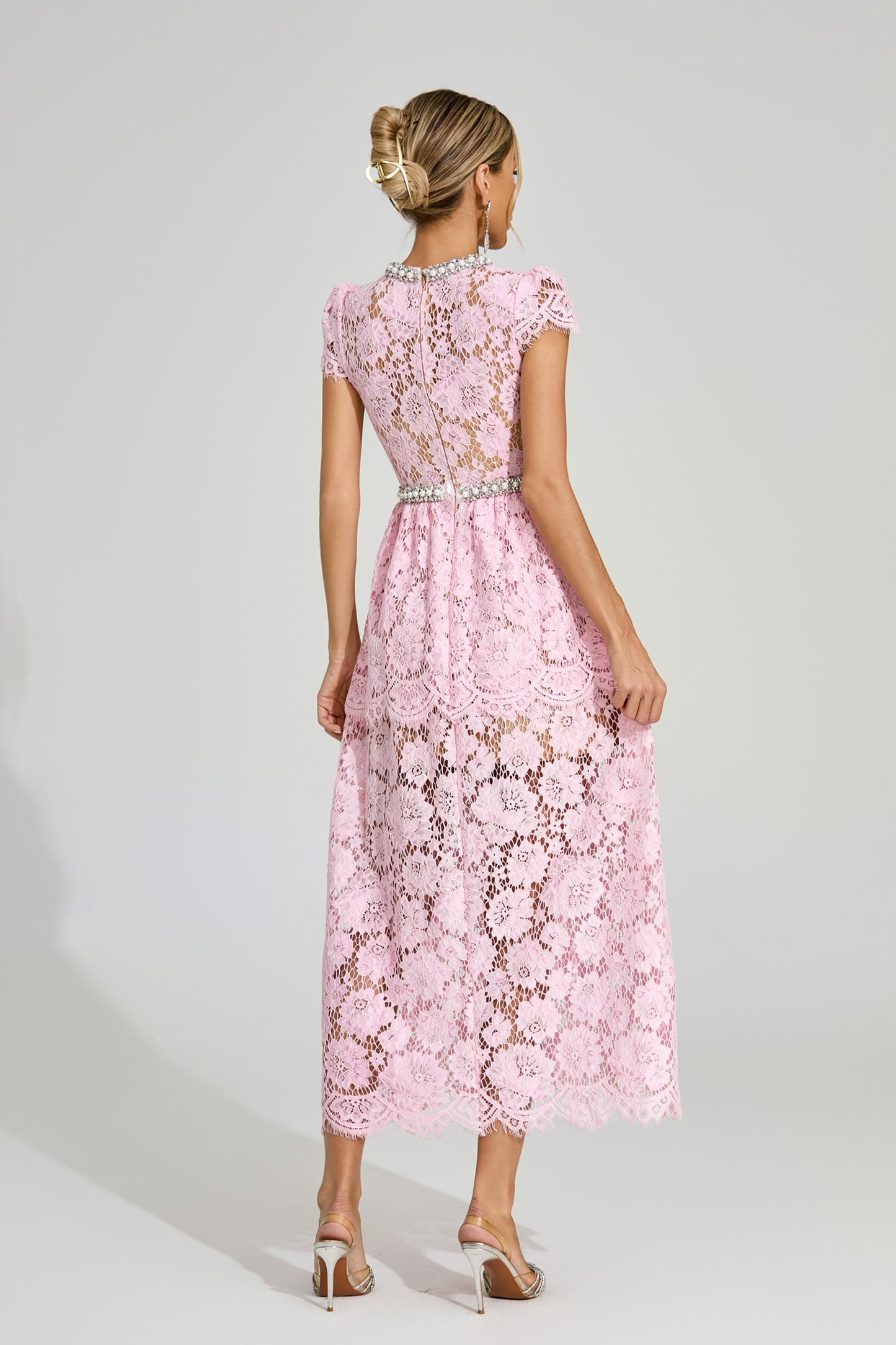 Lila Pink Lace Crystal Trim Midi Dress