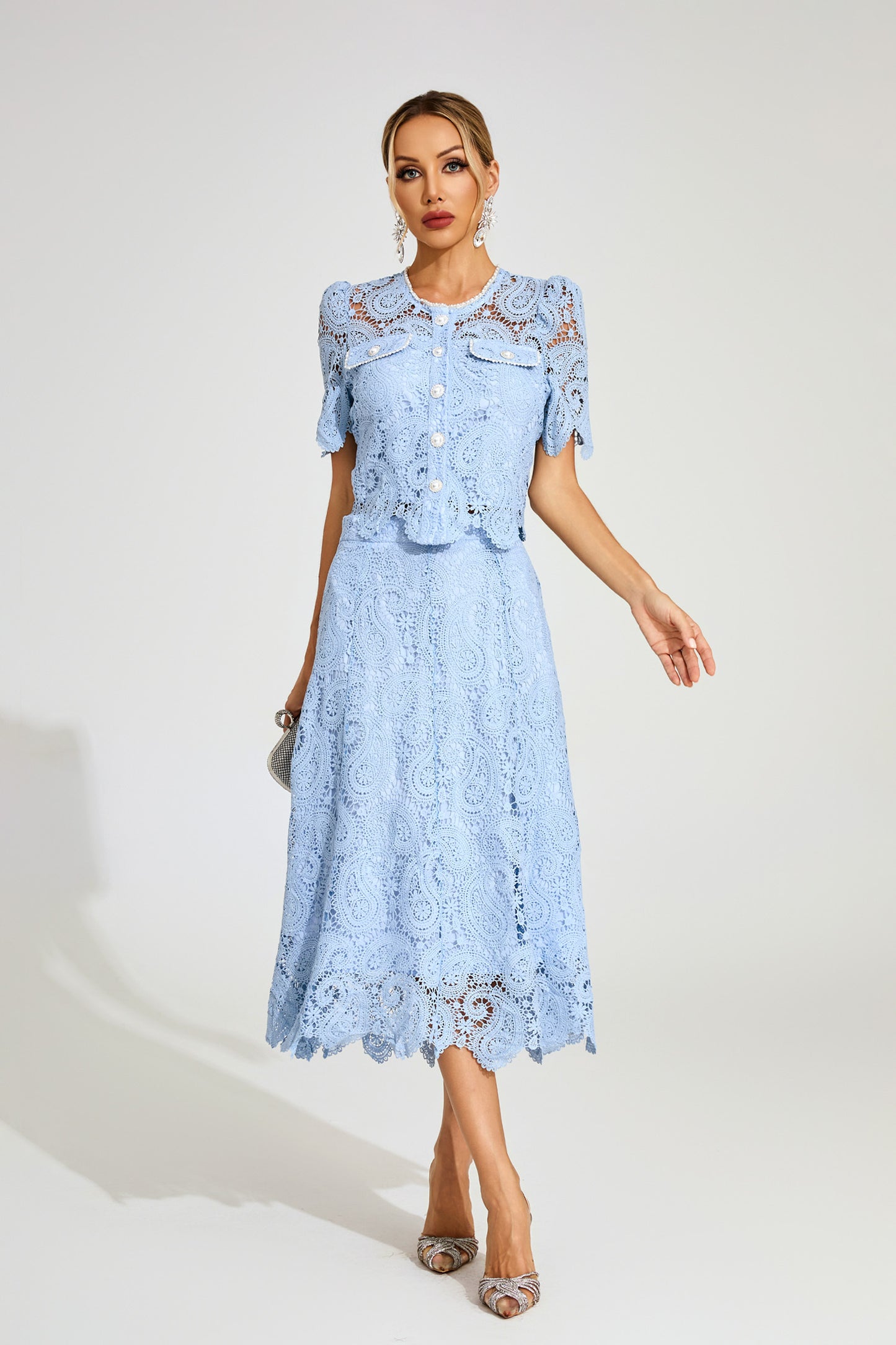 Amélie Sky Lace Midi Skirt & Top Set