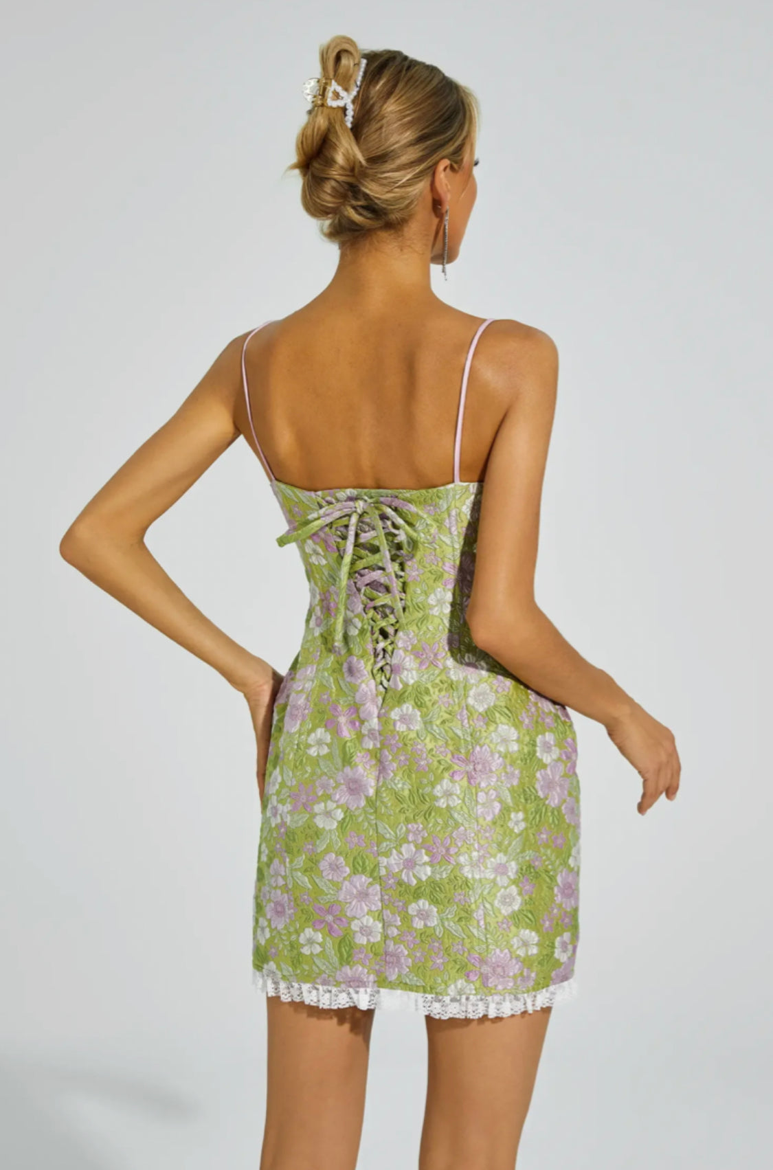 Gina green floral jacquard mini dress