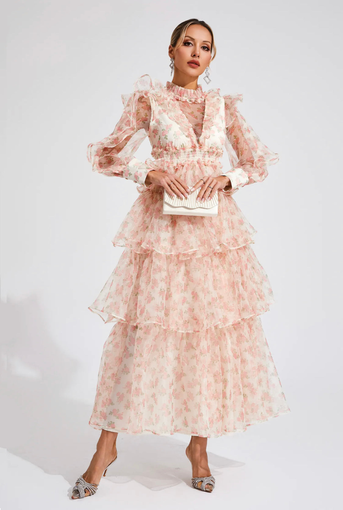 Floral mesh pink midi dress