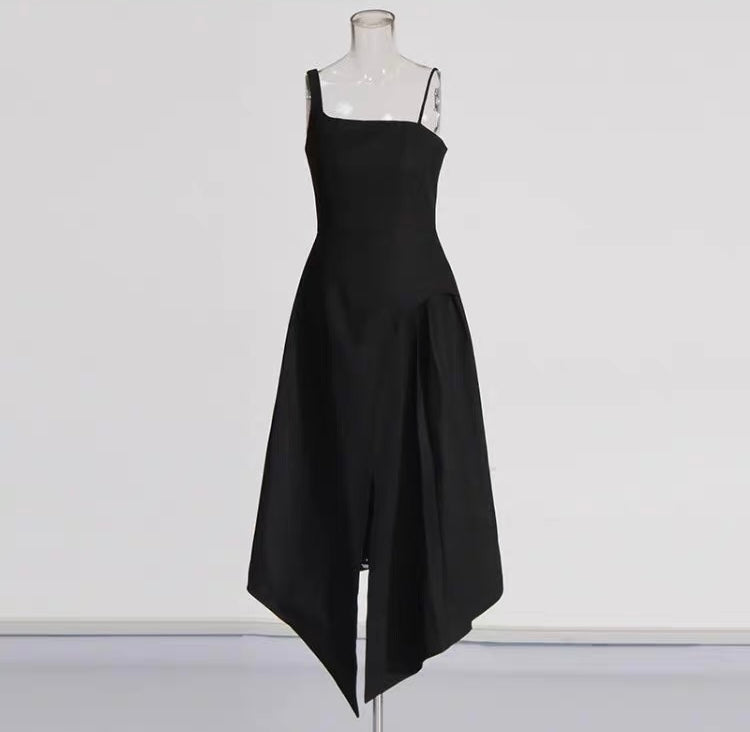 Noir Éclat Asymmetric Cape Dress