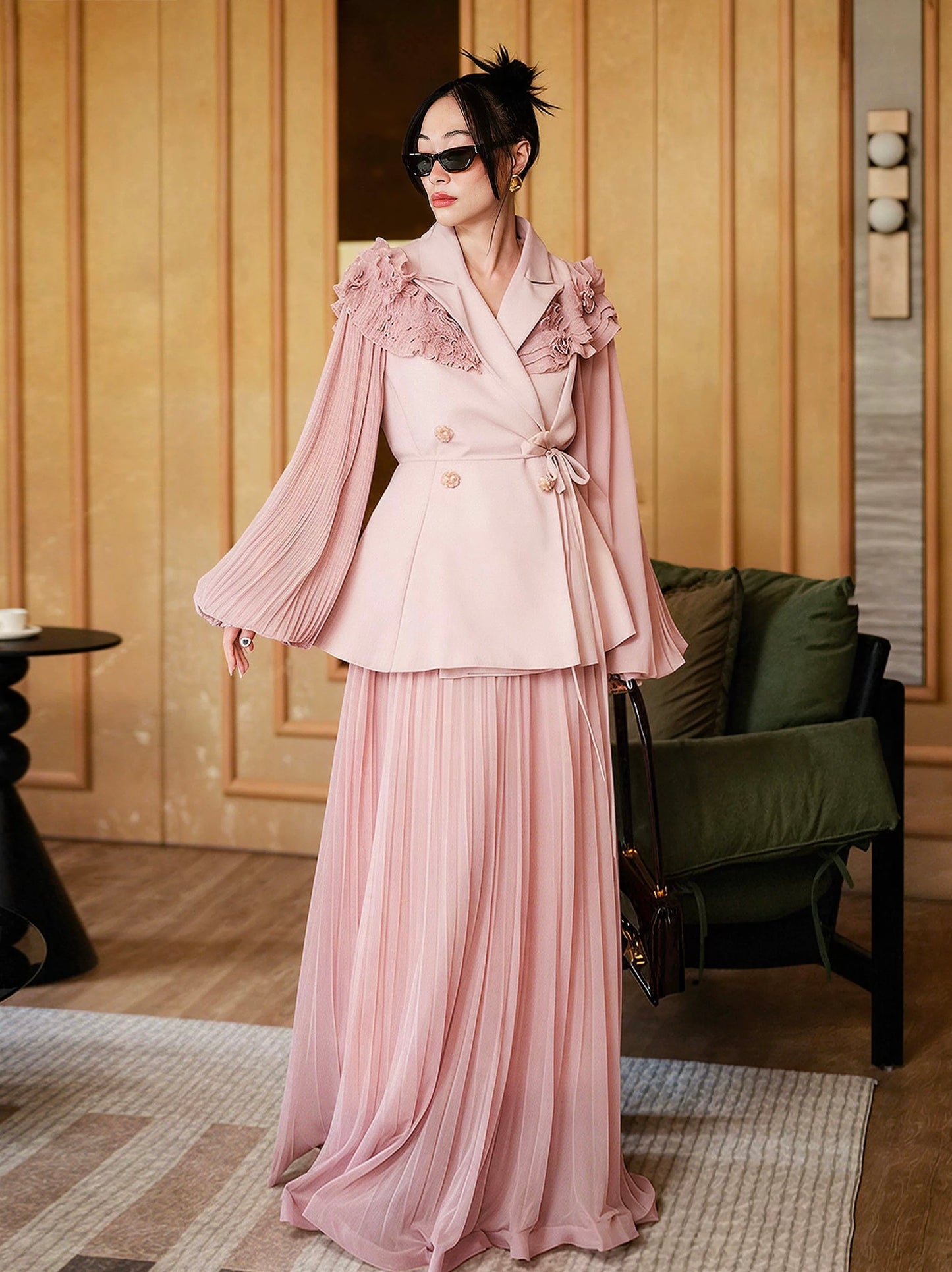 Ruffle-Shoulder Pleated Set