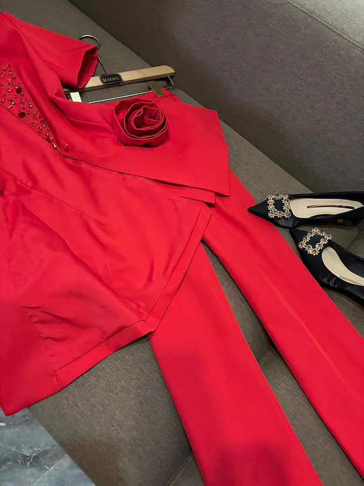 Camélia Flower Blazer Red Suit Set