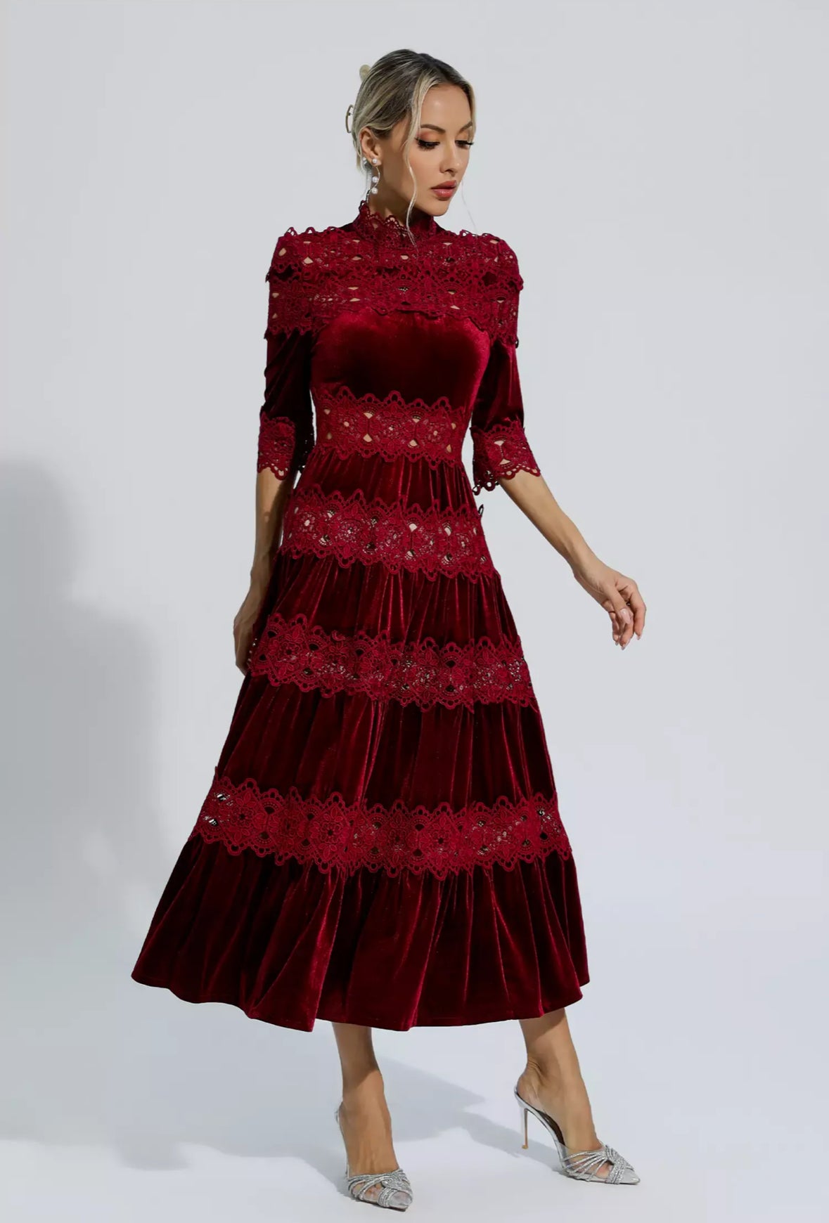 Red velvet flare maxi dress